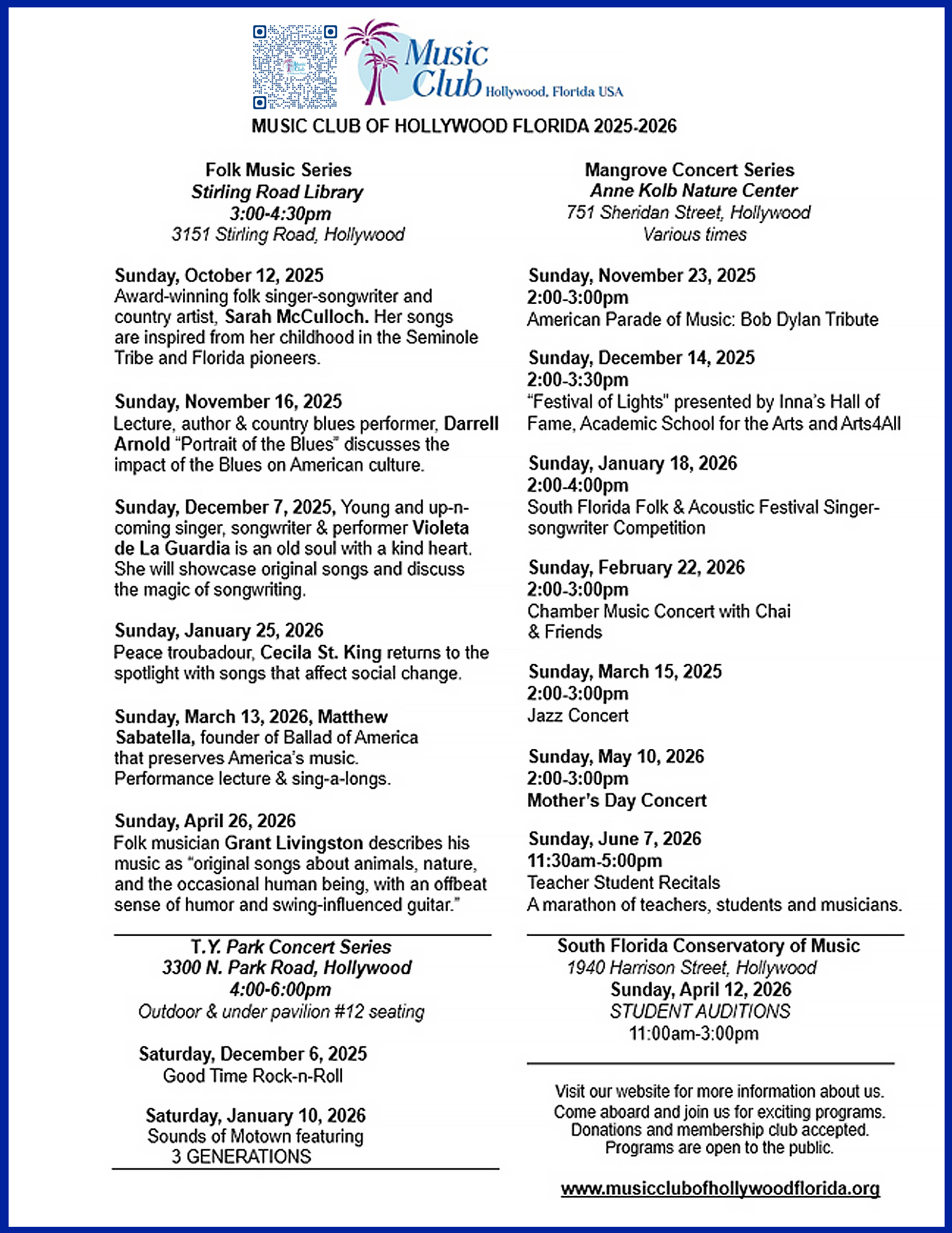 2025-2026 Music Club of Hollywood Schedule